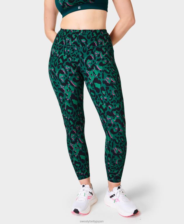 Sweaty Betty 女性 パワー 7/8 ワークアウト レギンス L4RHF26 衣類 緑のブラシストロークのレオプリント