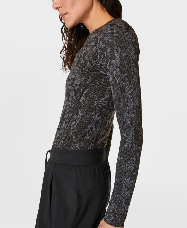 Sweaty Betty 女性 光沢のあるシームレスな長袖トップ L4RHF155 衣類 ブラックスネークジャカード