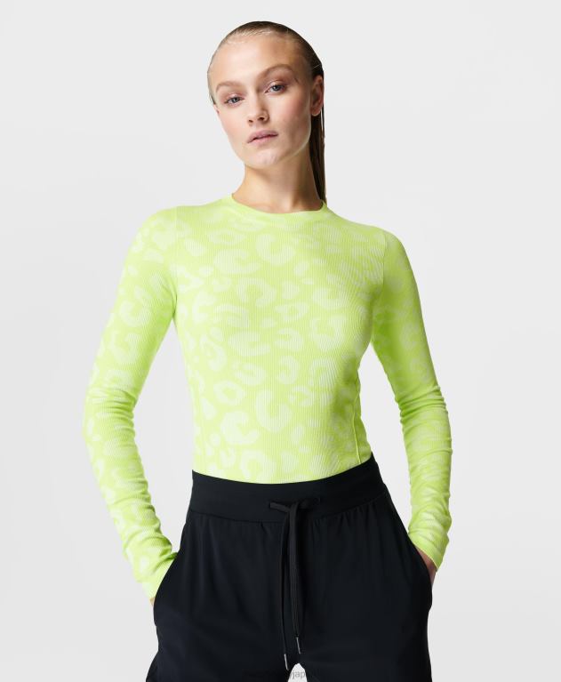 Sweaty Betty 女性 光沢のあるシームレスな長袖トップ L4RHF158 衣類 ポメログリーンヒョウジャカード