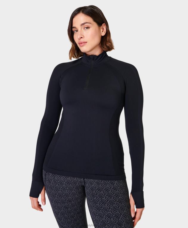 Sweaty Betty 女性 アスリートシームレスハーフジップ長袖トップ L4RHF598 衣類 黒