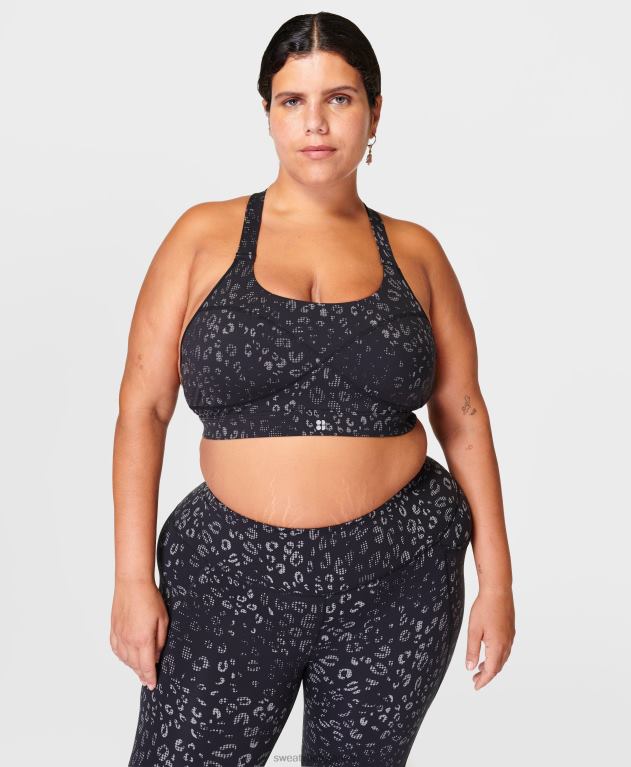 Sweaty Betty 女性 パワーミディアムサポートスポーツブラ L4RHF710 衣類 ブラックの反射ヒョウ柄