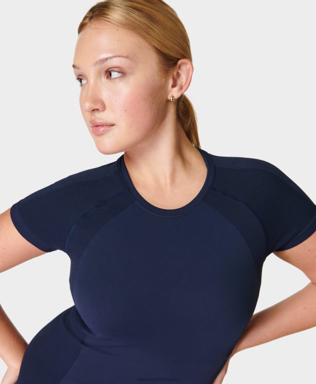 Sweaty Betty 女性 アスリートのシームレスなトレーニング T シャツ L4RHF196 衣類 ネイビーブルー